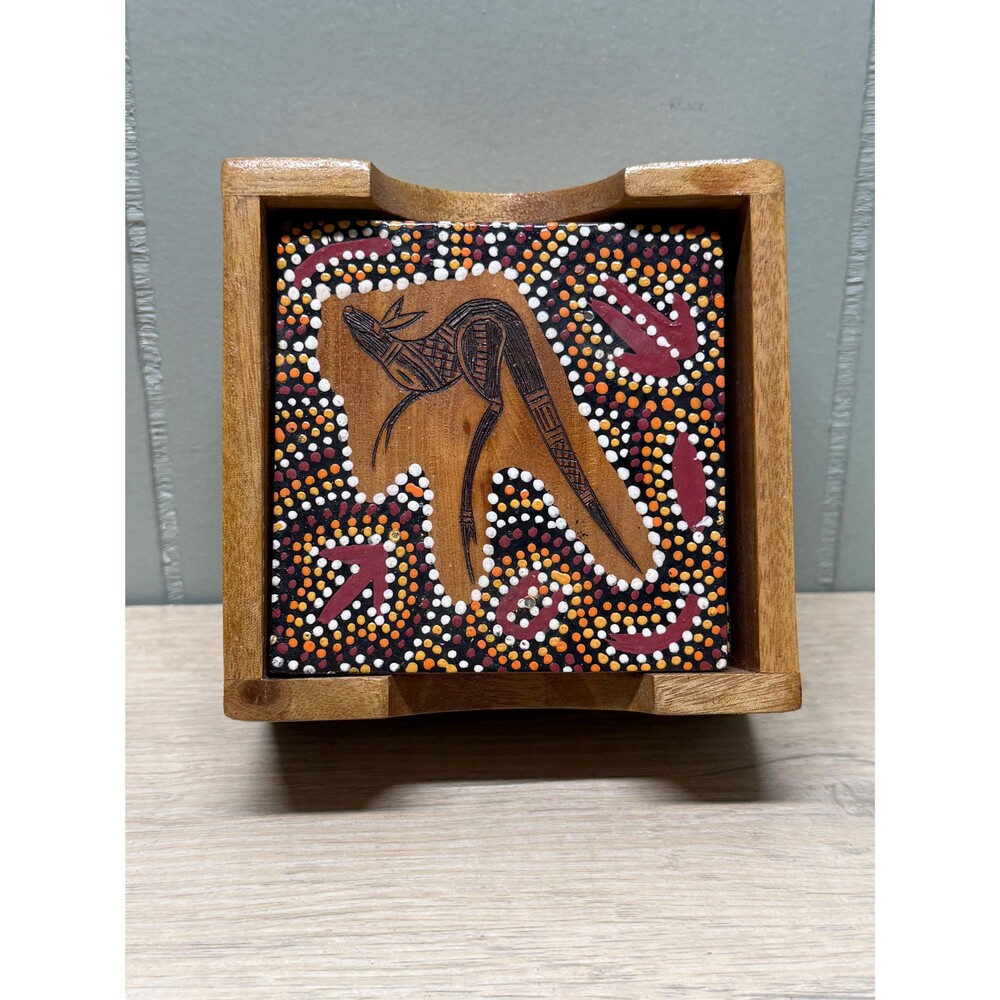 Vintage Australian Aboriginal-Style Dot Painting Kangaroo Coaster Set